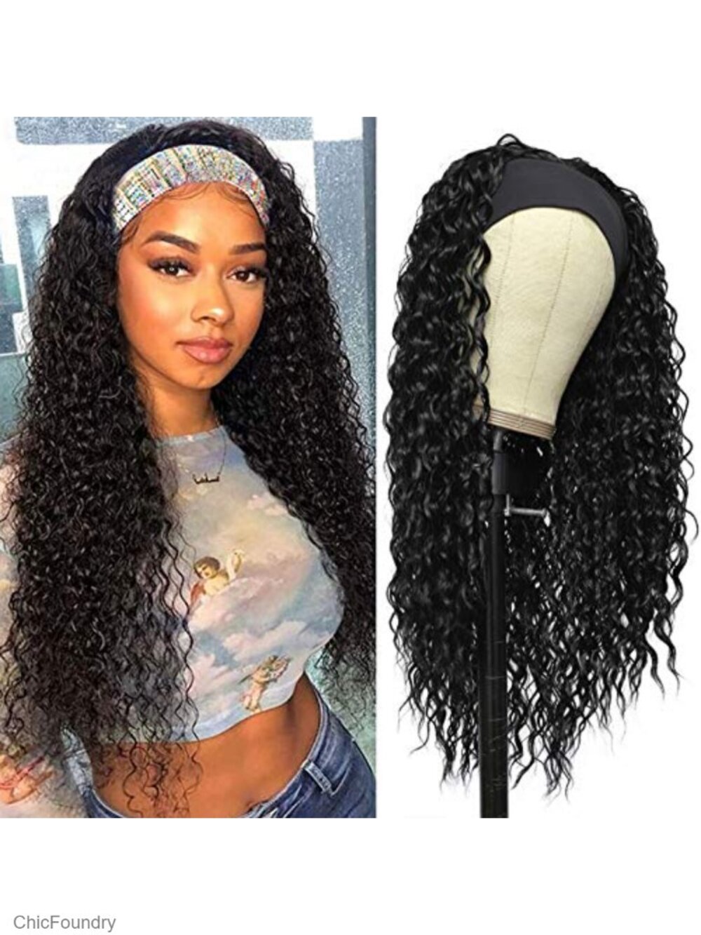 Curly Headband Wig for Black Women, Glueless Synthetic Wig, Heat Resistant Long